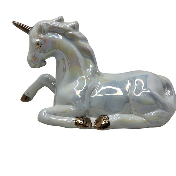 Vintage 1980s Porcelain Iridescent White, Gold Unicorn Figurine - Picture 1 of 7